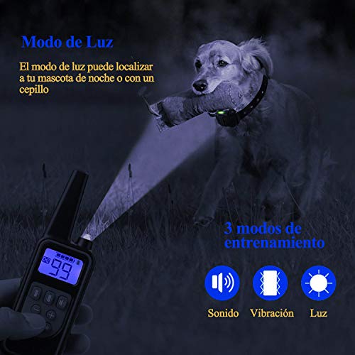 Meloive Collar de Adiestramiento Dos Perros, Recargable y Resistencia al Agua de IP67 con un Alcance de 800m con 99 Niveles de Modo de Vibración, Advertencia de Sonido, Luz.