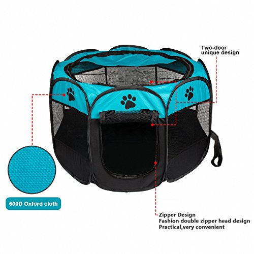 MiLuck Animal de compañía portátiles plegables Playpen, ejercicio de 8 paneles de la perrera de malla cubierta de la sombra interior / al aire libre tienda de cercas para perros gatos (S-Azul)