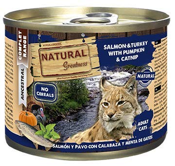 Natural Greatness Comida Húmeda para Gatos de Salmón y Pavo con Calabaza y Menta de Gatos. Pack de 6 Unidades. 200 gr Cada Lata
