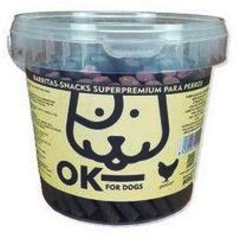 OK FOR DOGS Barritas de Buey/Pollo/Cordero o Salmón con Arroz Snack y Premio Saludable para Perros - Bote con Asa y Cierre 800 gr (Pollo & Arroz)
