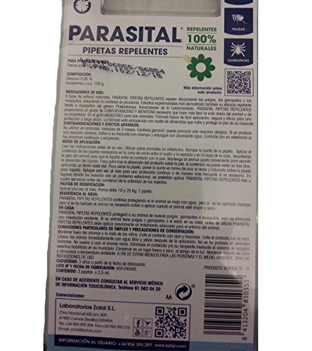 Parasital Pipetas Antiparasitarias para Perros Medianos de 10 a 25 kg - 3x3ml de Zotal - Activo Contra Leishmaniasis y demás Mosquitos, Pulgas y Garrapatas
