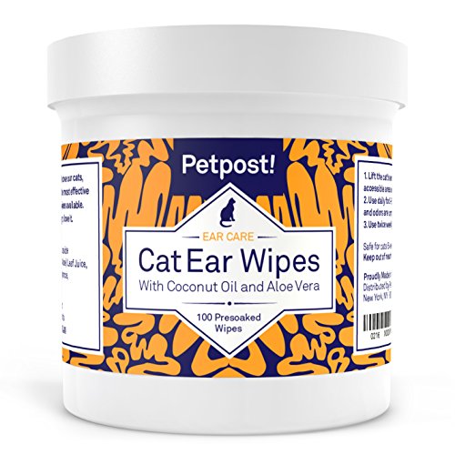 Petpost | Toallitas Limpiadoras de Oído para Gatos – 100 Almohadillas de Algodón Ultra Suave en Solución de Aceite de Coco – Tratamiento para Garrapatas de Oído de Gatos e Infecciones Auditivas