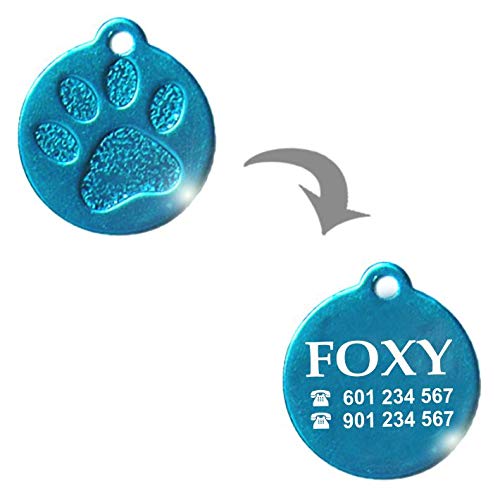 Placa Redonda con Huella para Mascotas pequeñas-Medianas Chapa Medalla de identificación Personalizada para Collar Perro Gato Mascota grabada (Plateado)
