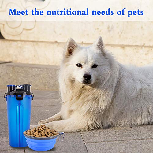 Powerking Botella de Agua para Perro, 350ml 2 en 1 PP para Mascotas, y Botella para Perro con 250 g Contenedor de alimento para Mascotas para Caminar/Viajar, tazones Plegables para Perros(Azul)