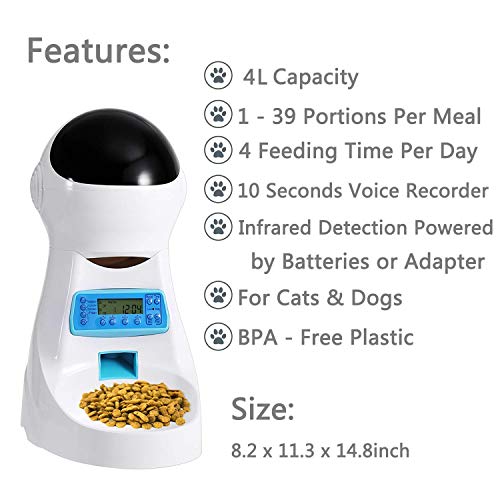 Sailnovo Dispensador Automático 4L de 4 Comidas Diarias para Mascotas Perros y Gatos, Comedero Automático con Grabación de Voz, Temporizador, Detección de Infrarrojos, Consumo de Energía Bajo