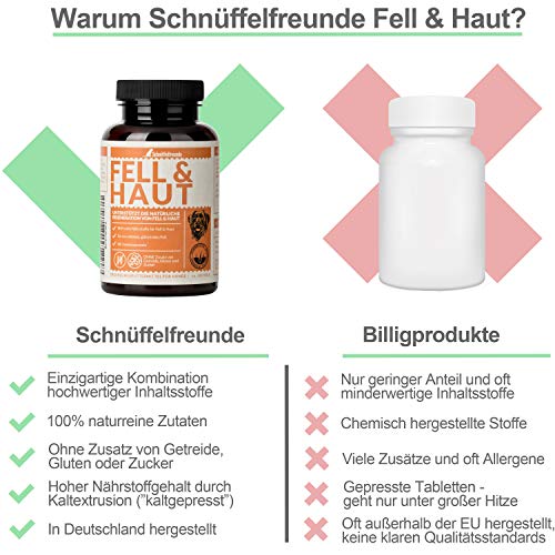 Schnüffelfreunde Fell & Haut I Complemento Alimenticio para Perros para Ayudar al Pelaje y la Piel - Beneficioso para el Pelo y Pelaje Brillante del Perro - con Aceite de Coco y Levadura de Cerveza