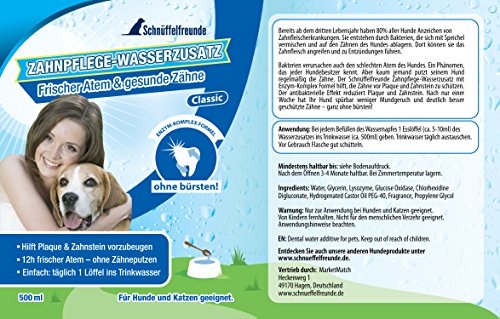 Schnüffelfreunde Higiene Dental para añadir al Agua para Perros y Gatos | Aliento Fresco y Dientes sanos - Ayuda a prevenir la Placa y el sarro - 500 ml (Classic)