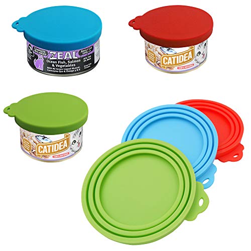 SENHAI - 3 Piezas de Cubiertas de Silicona para latas de Mascotas y 2 cucharas para Mascotas, Tapa de Comida y Cuchara para Perros y Gatos, uno Cumple con Tres tamaños: Rojo, Verde, Azul Claro