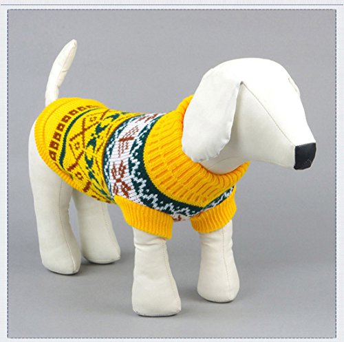 Tineer Pet Dog Sweater Ropa de Punto Copo de Nieve Pet Cat Coat, Jersey suéter Chaqueta Invierno Nieve Patrón Azulejos Ropa de Navidad (L, Amarillo)