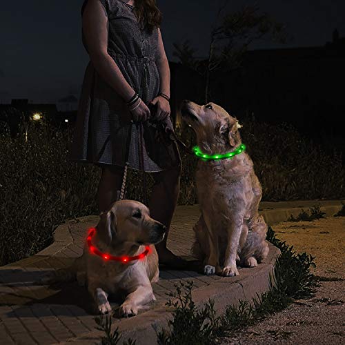 Toozey 2 Pcs Luminoso Collares para Perro LED Durante 20 Horas de Luz Continua Impermeable, USB Recargable Cortable Tira de Luz para Collar de Perro de Seguridad Nocturna - 3 Modo(Verde y Rojo)