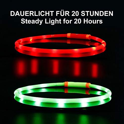 Toozey 2 Pcs Luminoso Collares para Perro LED Durante 20 Horas de Luz Continua Impermeable, USB Recargable Cortable Tira de Luz para Collar de Perro de Seguridad Nocturna - 3 Modo(Verde y Rojo)