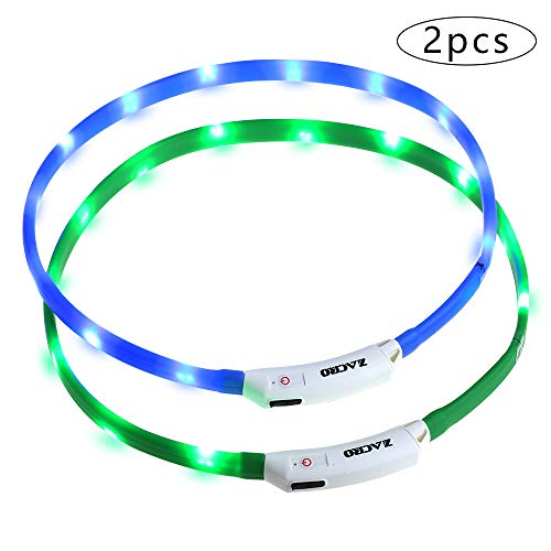 Zacro 2Pcs Collar Perro Luz-Collar Perro LED Brillantes, USB Recargable Collar Perro Seguro para Mascotas, 3 Modos de LED Perro Collar Brillantes y Longitud Ajustable para Perros(Verde y Azul)