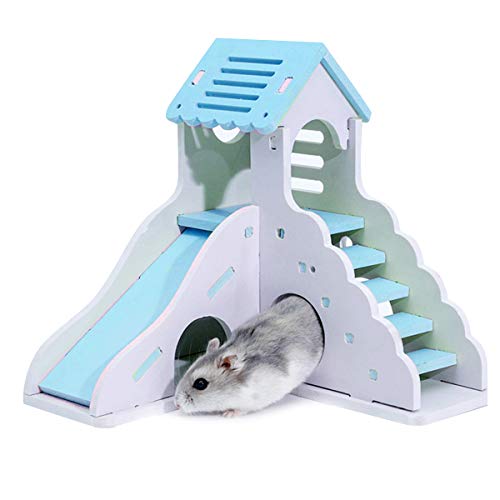 Casa de Hámster de Dos Pisos Casa de Mascotas de Animales Pequeños Villa de Hamsters Escondite de Animales Casa de Juegos para Mascotas con Tobogán de Escaleras (Azul)