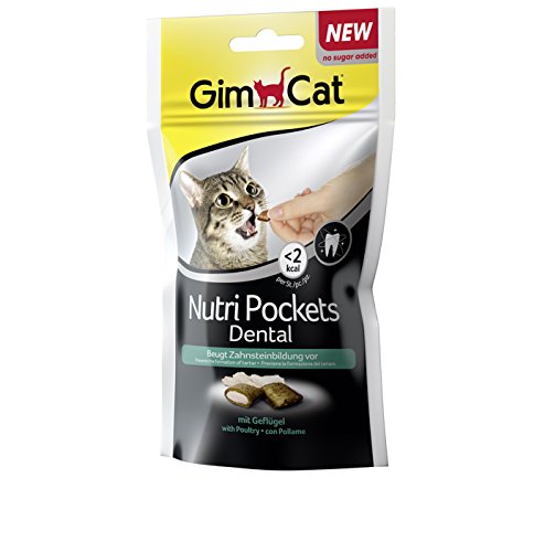 GimCat Nutri Pockets Dental, poco calorías Knuspersnack para gatos con relleno cremoso e ingredientes funcionales, sin azúcar, 1 bolsa (1 x 60 g)
