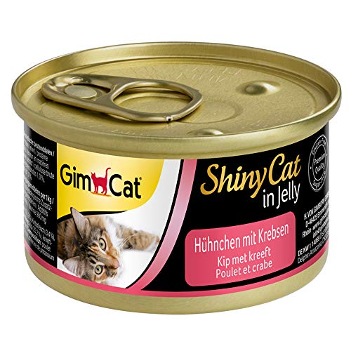 GimCat ShinyCat in Jelly – Comida para gatos con ave en gelatina para gatos adultos – Pollo con cangrejo – 24 latas (24 x 70 g)