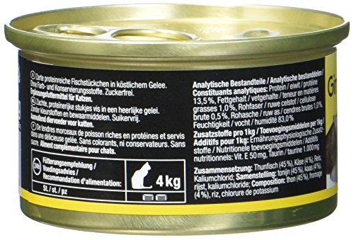GimCat ShinyCat in Jelly – Comida para gatos con pescado en gelatina para gatos adultos – Atún con queso – 24 latas (24 x 70 g)