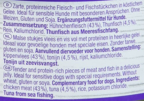 GimDog Pure Delight, pollo con atún – Snack rico en proteínas en deliciosa gelatina – Especial para perros de hasta 10 kg – Sin azúcar añadido – 12 latas (12 x 85 g)