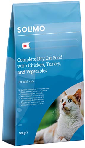 Marca Amazon - Solimo - Alimento seco completo para gatos adultos con pollo, pavo y verduras, 1 Pack de 10 kg