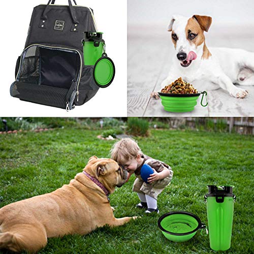 MATT SAGA Botella de Agua para Perros Portatil Envase de Comida para Perros con 2 Plegable Tazones para Perros Gatos Mascotas Adecuado para al Aire Libre Caminar Viajar (Verde)