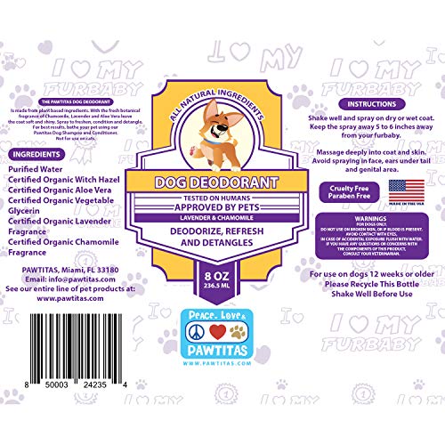 Pawtitas Colonia para Perros Natural de Lavanda y Manzanilla para Hacer Que su Mascota con Aroma Limpio y Fresco de Larga duración | Desodorante para Perros Hecho con Ingredientes orgánicos - 8 OZ