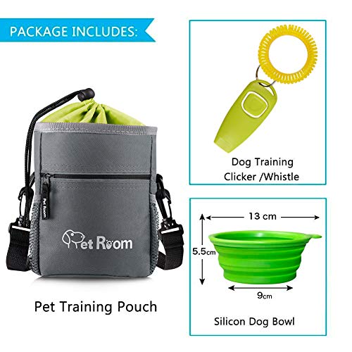 Premium Dog Training Treat Pouch, Pet Treat Bag with Bonus Clicker / Silicon Dog Bowl / Poop Bag Dispenser & 3 Wearing Ways, Adjustable Waist/ Shoulder Belt/Heavy Duty Metals