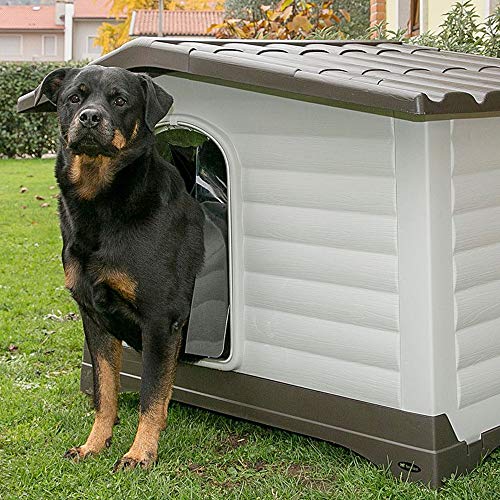 Ferplast 87257099 - Caseta de exterior para perros Dogvilla 110, panel lateral que se puede abrir, robusto plástico resistente a los golpes y a los rayos UV, rejilla de dentilación, 111 x 84 x 79 cm