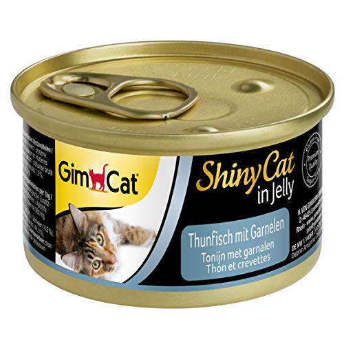 GimCat ShinyCat in Jelly – Comida para gatos con pescado en gelatina para gatos adultos – Atún con gambas – 24 latas (24 x 70 g)