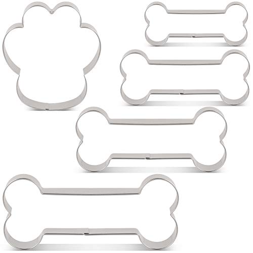KENIAO - Moldes para galletas con diseño de huesos de perro, 5 piezas, 4 huesos de perro de diferentes tamaños 5.1, 4.1, 3.5, 3 pulgadas y huella de pata: 3.5 pulgadas, acero inoxidable