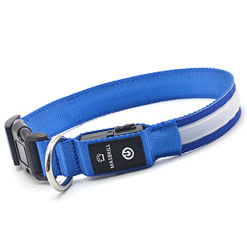 MASBRILL Collar Luminoso Perro de Mascota, 3 Modos Collar Perro Luz con Recargable y Impermeable, Ajustable Collares LED para Perros Pequeños/Medianos/Grandes(Azul M)