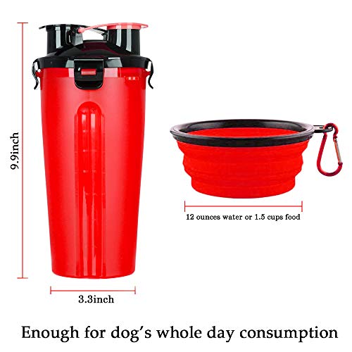 Powerking Botella de Agua para Perro, 350ml 2 en 1 PP para Mascotas, y Botella para Perro con 250 g Contenedor de alimento para Mascotas para Caminar/Viajar, tazones Plegables para Perros(Rojo)