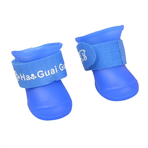 UEETEK Botas de lluvia para Perro mascota Colores dulces Zapatos de goma antideslizantes a prueba de agua para Pequeño perrito - Talla S (Azul)