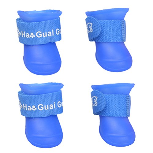 UEETEK Botas de lluvia para Perro mascota Colores dulces Zapatos de goma antideslizantes a prueba de agua para Pequeño perrito - Talla S (Azul)