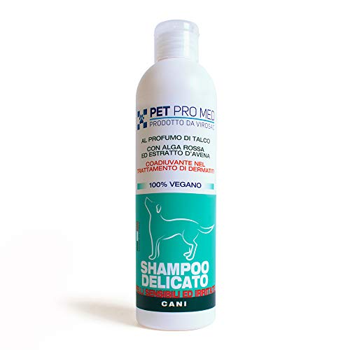 VIROSAC 140196 - Champú Suave 100% Vegano, dermosensible para Perros Pet Pro Med. Paquete de 250 ml de pH Neutro con Alga roja y extracto de Avena
