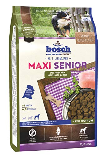 bosch HPC Maxi Senior | Con Aves de corral frescas y Arroz | Comida seca para perros mayores de razas grandes | fortalece las defensas y el sistema inmunitario del perro | 2,5 kg