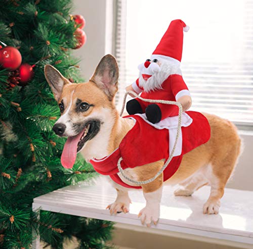Idepet Disfraz Gato de Navidad, Ropa para Perros Cosplay con Papá Noel Montado en Mascota Gato Perro Abrigo Rojo (L)