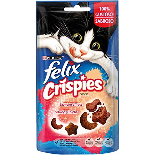 Purina Felix Party Mix Crispies Snacks, golosinas y chuches para gato Salmón y Trucha 8 x 45 g