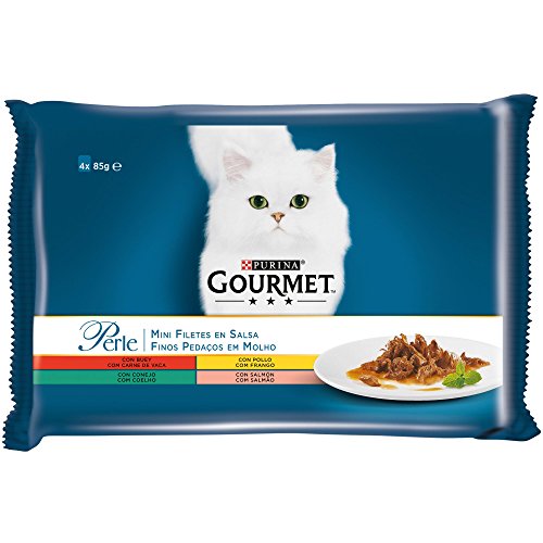 Purina Gourmet Perle Finas Láminas en Salsa comida para gato en Variedades de Buey, Pollo, Conejo y Salmón 12 x [4 x 85 g]