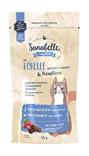 Sanabelle Mini palitos de Trucha y arándano rojo para gatos, Pack de 20 x 55 g