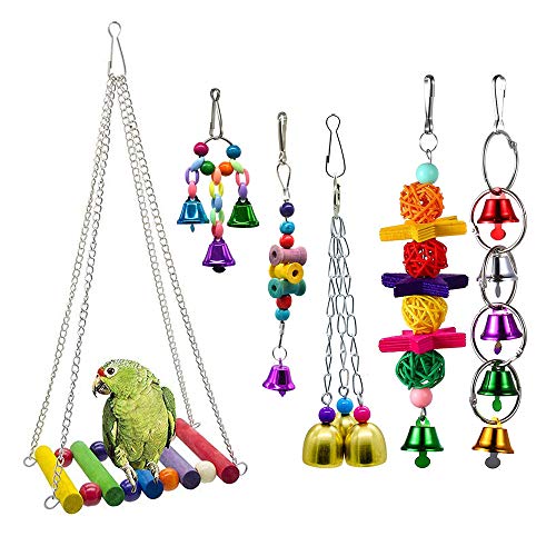 Amasawa 6 Piezas Unidades Juguetes para Pájaros Colorful Columpio para Loros Accesorios Jaula Pajaros Bite Toy con Campanas para Periquitos,Columpio y Campana,Juguetes para Masticar para Loros
