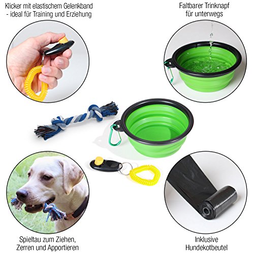 Bella & Balu Bolsa de Entrenamiento para perros + bebedero plegable + Clicker + Bolsas para excrementos + Juguete de cuerda – Práctica bolsa para chucherías de perro