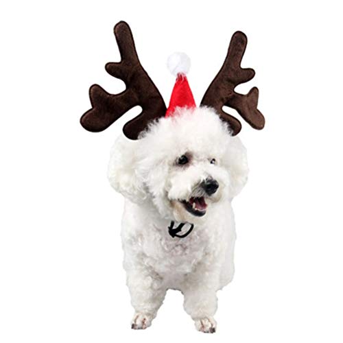 BESTOYARD Diadema Cuernos para Mascota Reno Cuernos Ciervo Disfraz Perro Decoracion Navidad con Mini Gorro de Navidad
