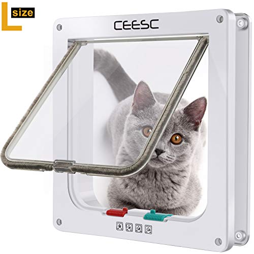 CEESC Puerta magnética para Mascotas con Puerta abatible y Cerradura de 4 vías para Gatos, Gatitos y Perro Perrito (L, Blanco)