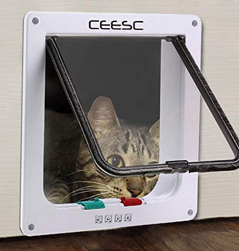 CEESC Puerta magnética para Mascotas con Puerta abatible y Cerradura de 4 vías para Gatos, Gatitos y Perro Perrito (M, Blanco)
