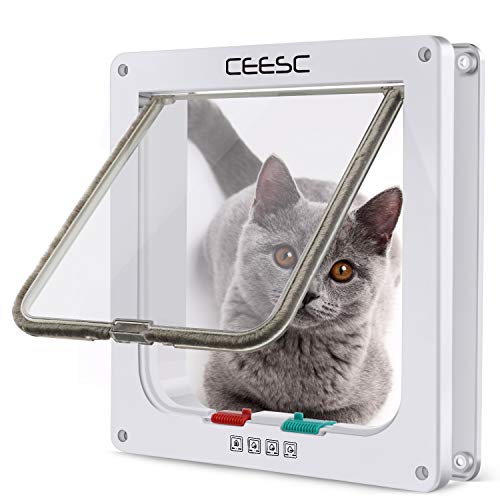 CEESC Puerta magnética para Mascotas con Puerta abatible y Cerradura de 4 vías para Gatos, Gatitos y Perro Perrito (M, Blanco)