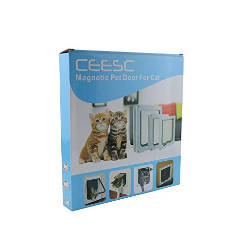 CEESC Puerta magnética para Mascotas con Puerta abatible y Cerradura de 4 vías para Gatos, Gatitos y Perro Perrito (S, Blanco)
