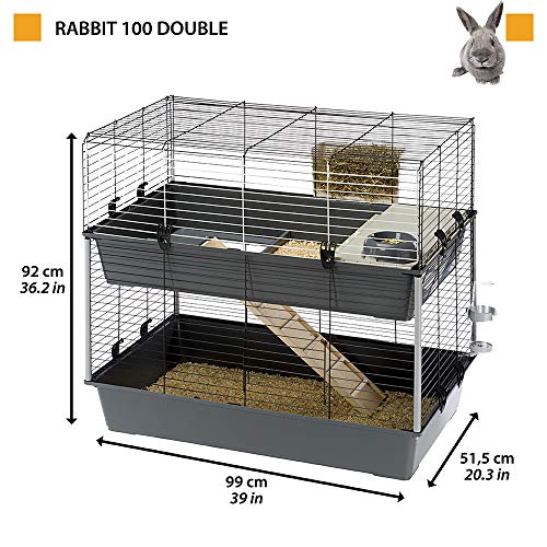Ferplast Jaula de Dos Pisos para Conejos Rabbit 100 Double, Casa para pequeños Animales, Conejera con Accesorios incluidos, de Alambre Pintado Negro y plástico, 99 x 51,5 x h 92 cm