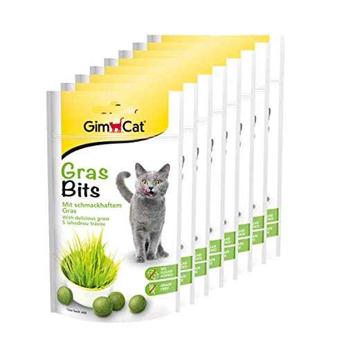 GimCat Gras Bits - Snack para gatos rico en vitaminas sin cereales con auténtica hierba - Pack de 8 unidades (8 x 40 g)