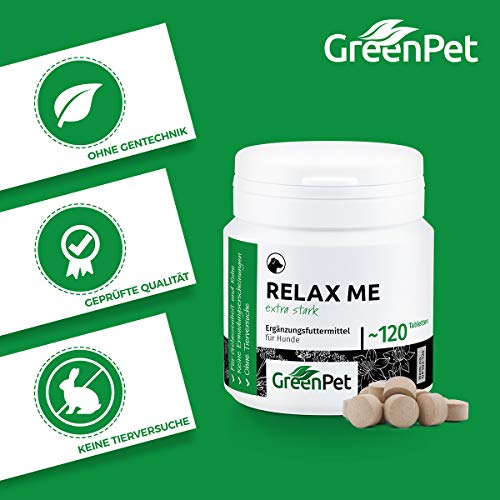 GreenPet Relax Me 120 tabletas - Agente calmante para Perros, Extra Fuerte para la ansiedad, el estrés, Viajes en Coche y Viajes, calmante y Relajante, Valeriana, Hierba de San Juan - Made in Germany