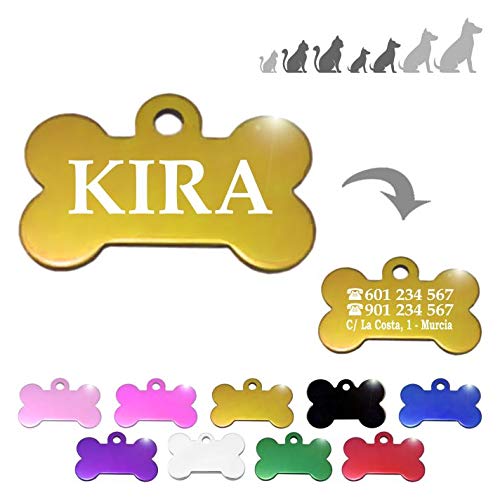 Hueso para Mascotas pequeñas-Medianas Placa Chapa Medalla de identificación Personalizada para Collar Perro Gato Mascota grabada (Dorado)