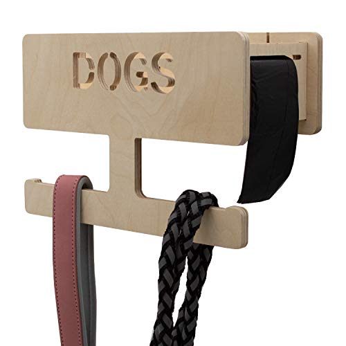 INEXTERIOR Perchero para correa de perro – de madera – con gran estante – fabricado en Alemania – con dispensador para bolsa de excrementos de perro y gancho para toallas – Perro
